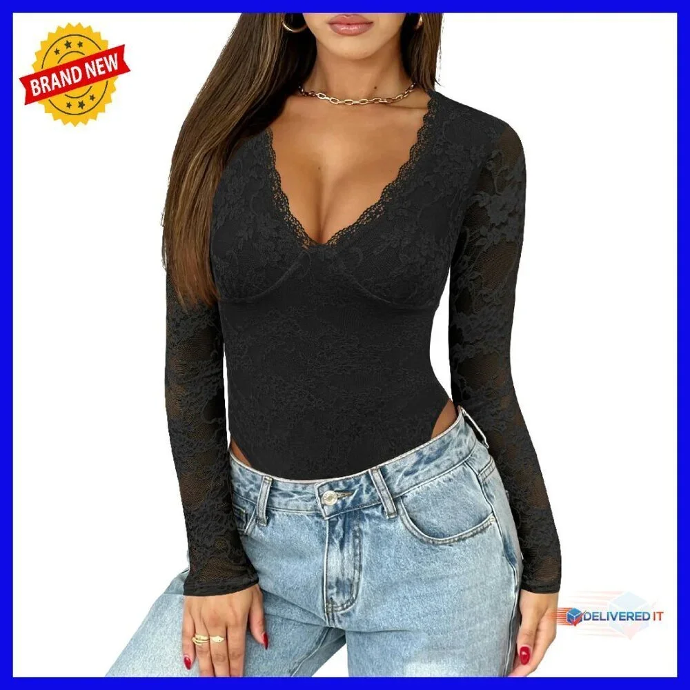 Long Sleeve Lace Bodysuit Deep V Neck Thong Slim Fit Shapewear